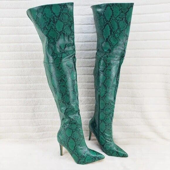 Brand New Bad Girlz Green Snake Wide Top Thigh High Heel Boots