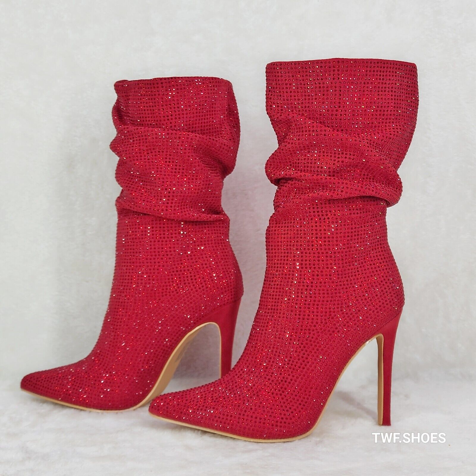 Resolve Sparkling Red Rhinestone High Heel Slouch Calf Boots New Years Bling - Totally Wicked Footwear