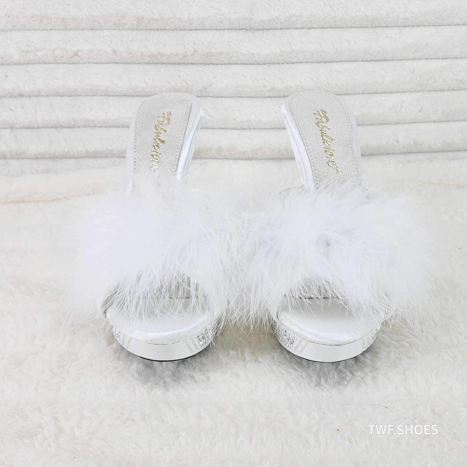 Elegance Marabou Feather Slip On Platform Sandals 5" Stiletto Heel Shoes White - Totally Wicked Footwear