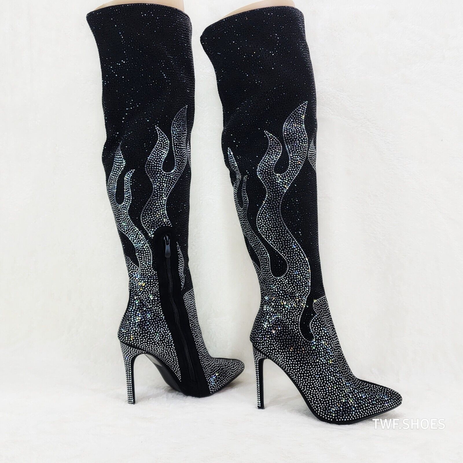 Fiery Desire Black & Silver Rhinestone Flame Detail Sexy OTK Thigh Boots - Totally Wicked Footwear