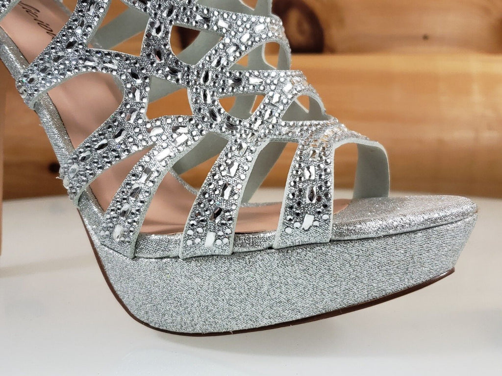 SELENE 4.5" High Heel Platform Shoe Cutout Cage Rhinestones Shimmery Silver NY - Totally Wicked Footwear
