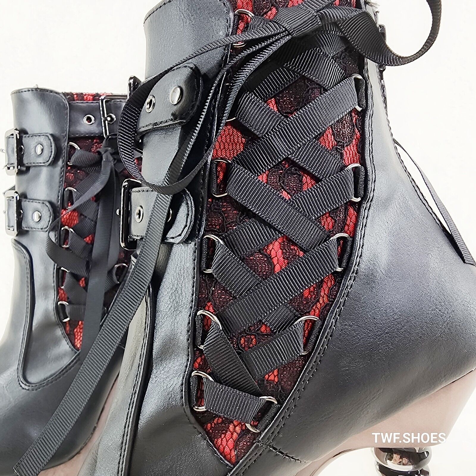 Muerto 1033 Red Lace Panel Finger Bone High Heel Platform Ankle Boots In House - Totally Wicked Footwear