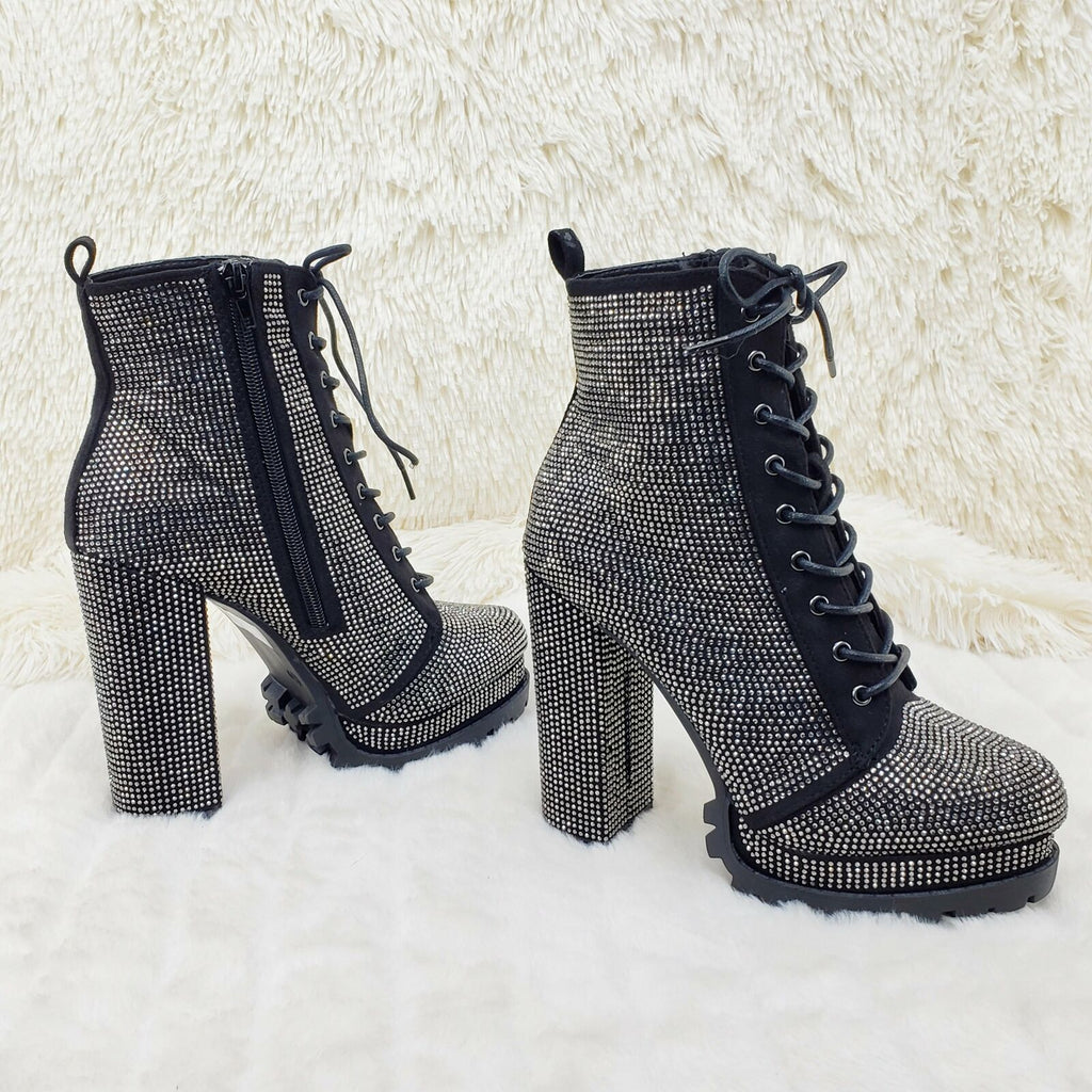 Wild Diva Vivian Lug Sole Rhinestone Chunky Block High Heel Ankle Boots Booties