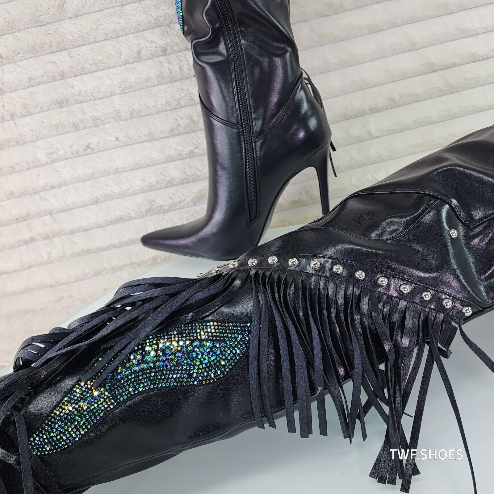 Frenzy Black Fringe Rhinestone Over The Knee Thigh Boots Azalea Wang - Totally Wicked Footwear