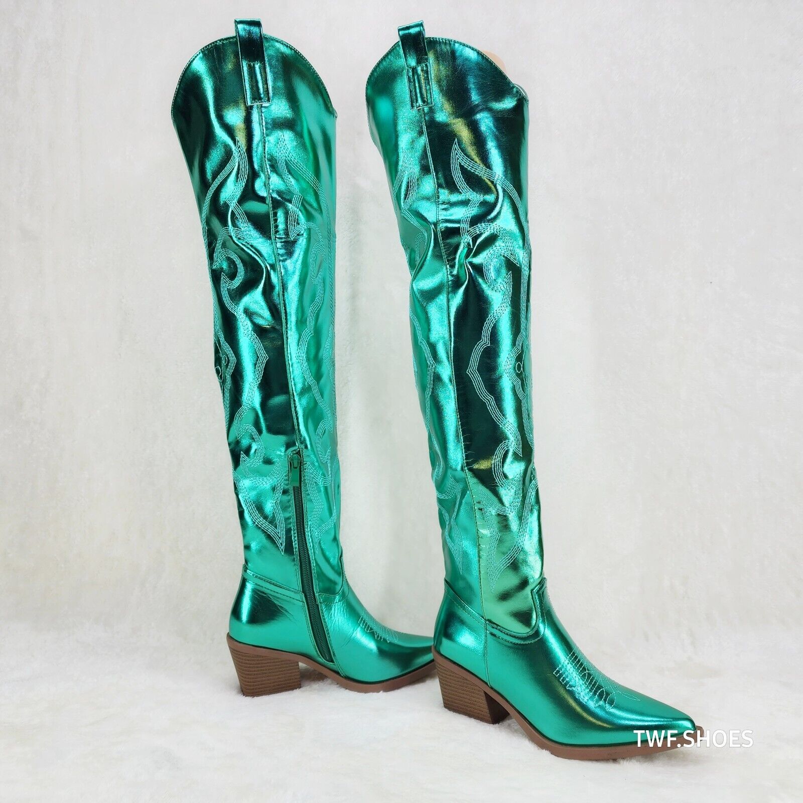 Country Disco Cowboy Metallic Green Western Cowgirl OTK Thigh Boots - Totally Wicked Footwear