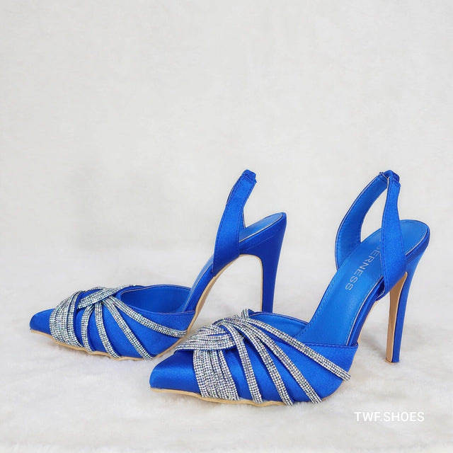 Elegance Slip on Slingback Blue Satin Rhinestone Pointy Toe High Heels Shoes