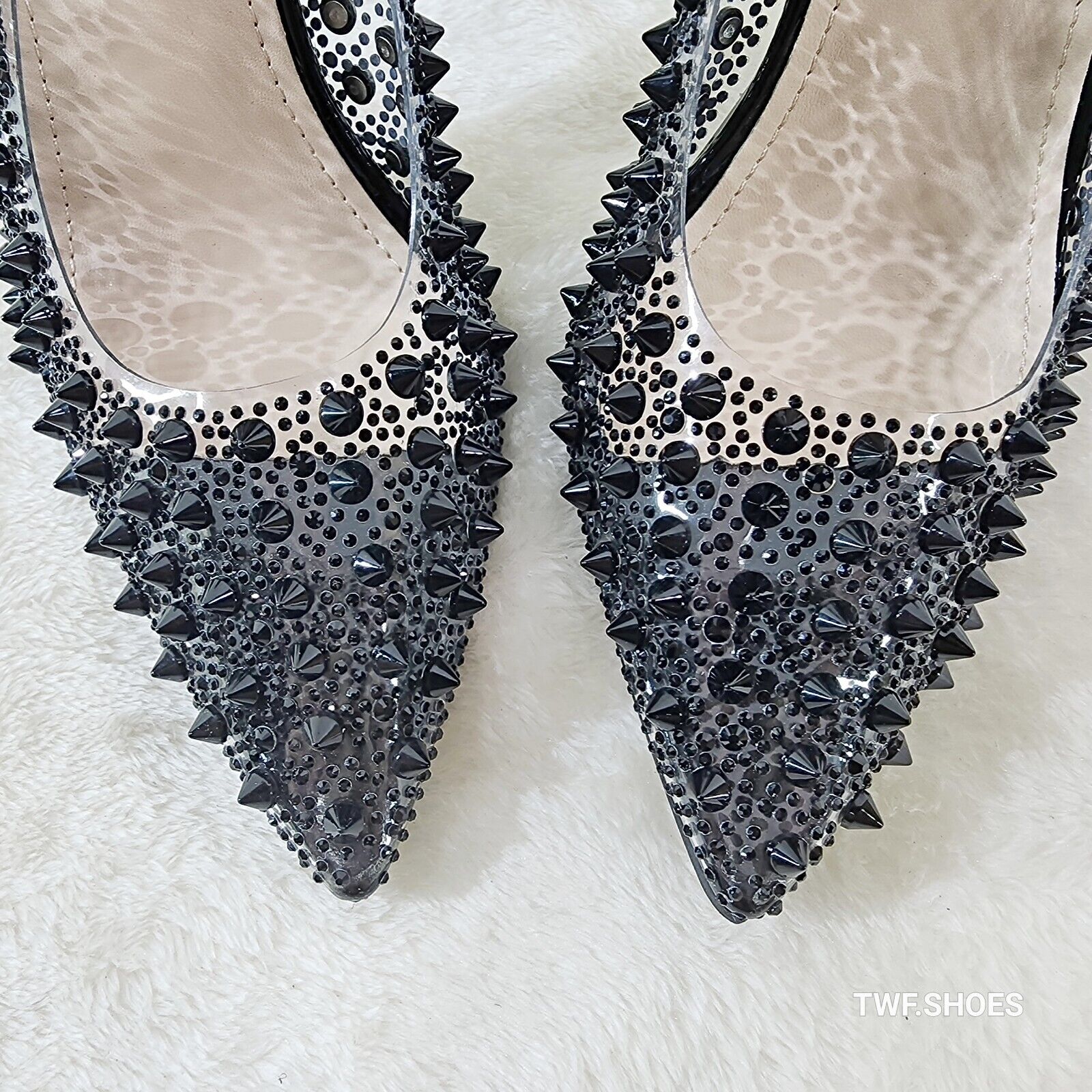 Spicy Stiletto PVC Clear Pumps Black Studs & Rhinestone Pumps Stiletto Heels - Totally Wicked Footwear
