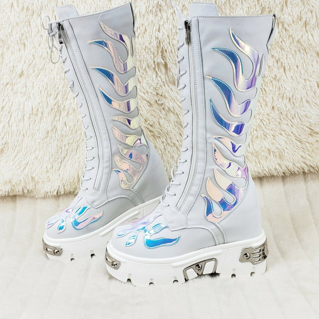 Wang White Flame Punk Goth Rock 2" Platform 4.5" Wedge Mid Calf Boots Restocked - Totally Wicked Footwear
