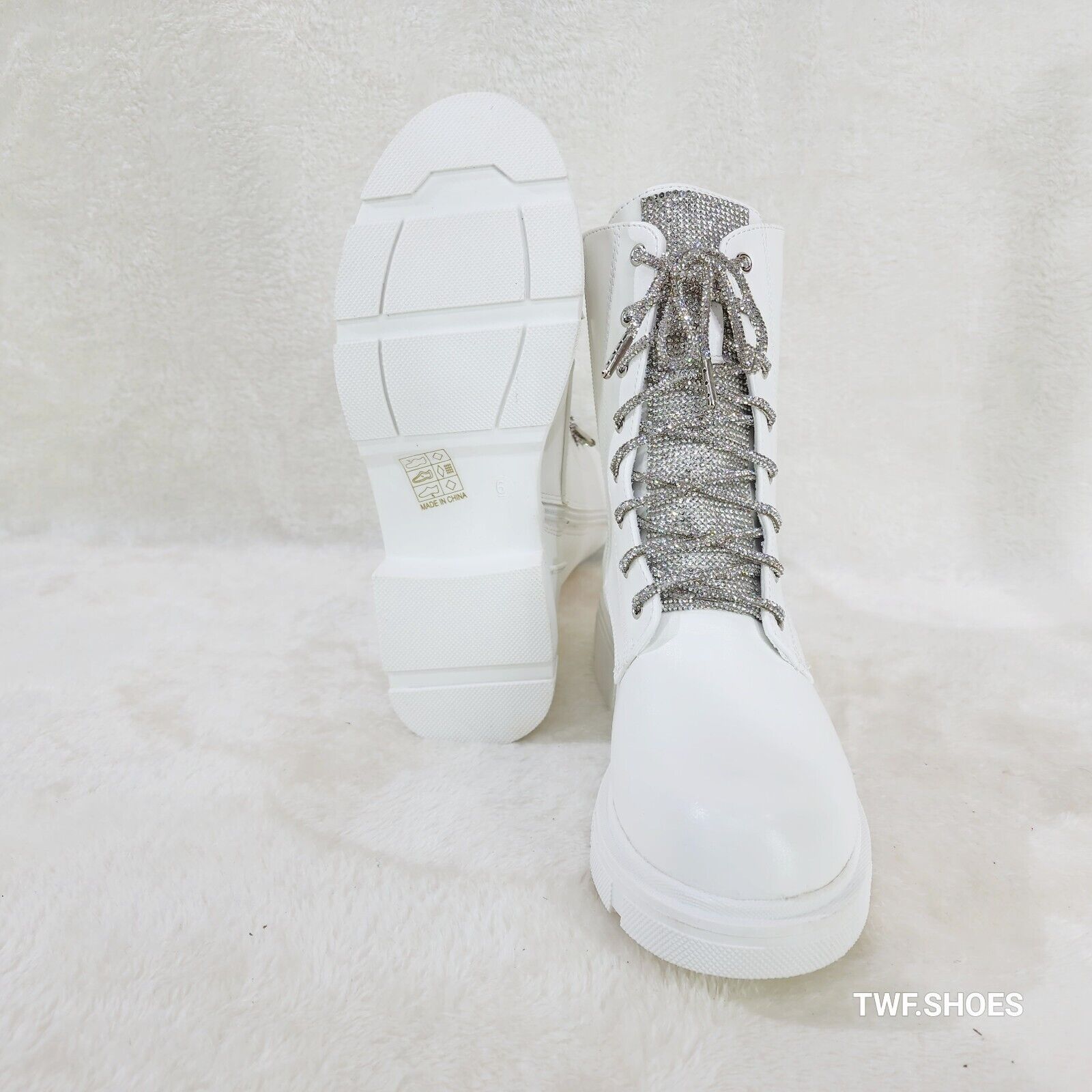 Rylee White Combat Ankle Boots Iridescent Rhinestone Tongue & Rope Laces - Totally Wicked Footwear