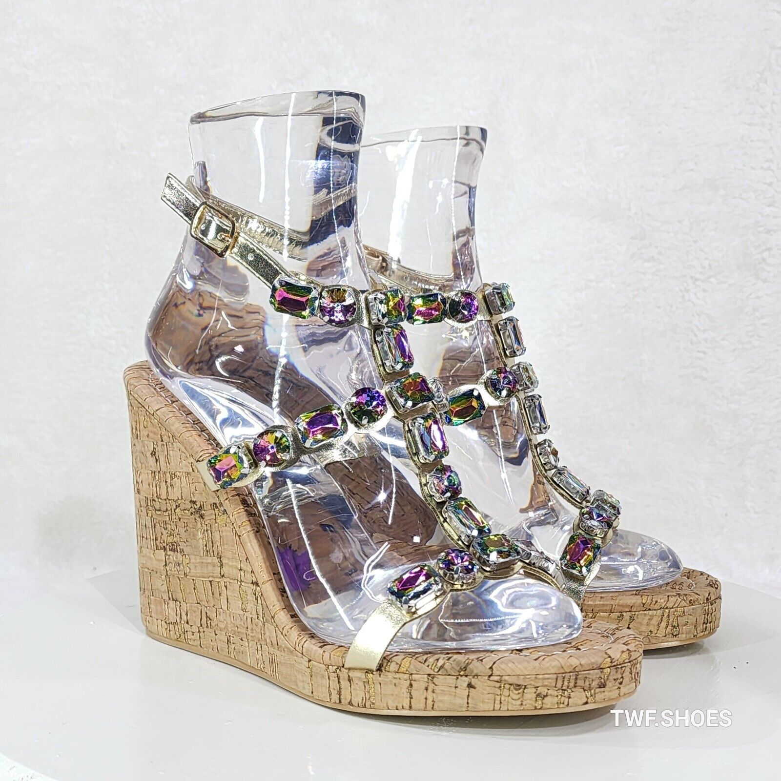 Summer Time Colorful Jeweled Cork Wedge High Heel Sandals - Totally Wicked Footwear