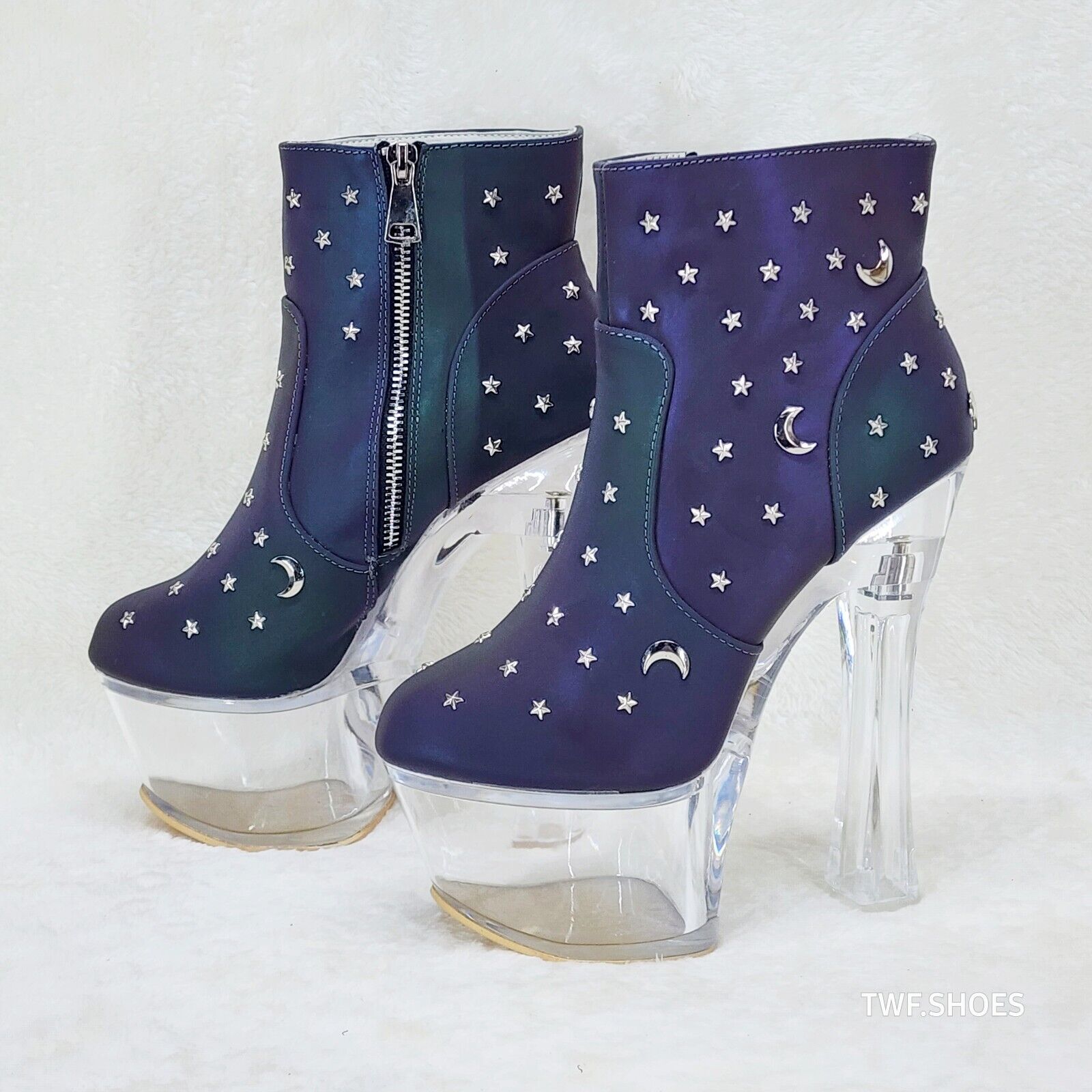 Ocho Purple Multi Reflective Ankle Boots Clear Platform & Chunky Heels Moon Star - Totally Wicked Footwear