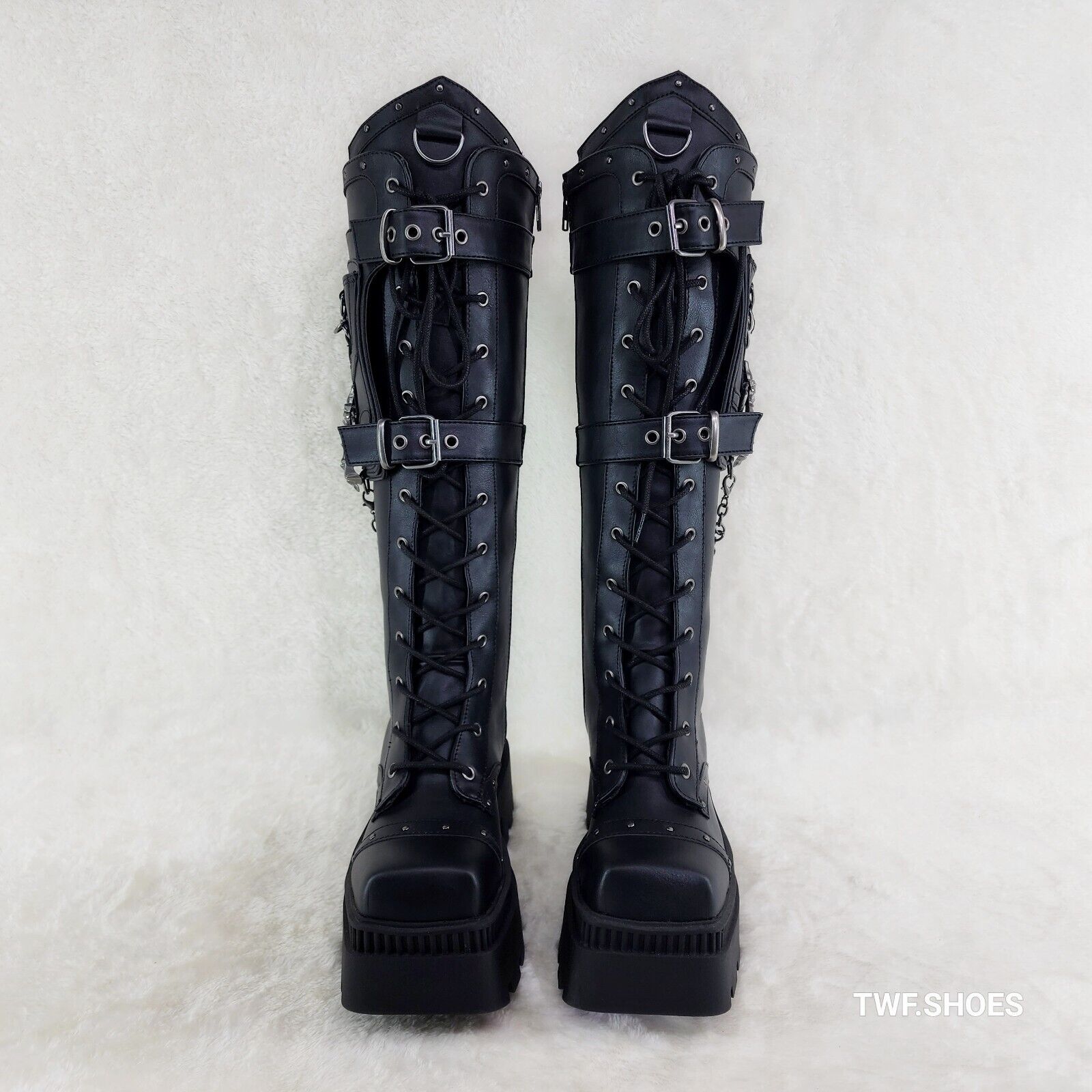 Wicked Wrath Square Toe Goth Lace Up Knee High Boots Skull Hand In House DEMONIA - Totally Wicked Footwear