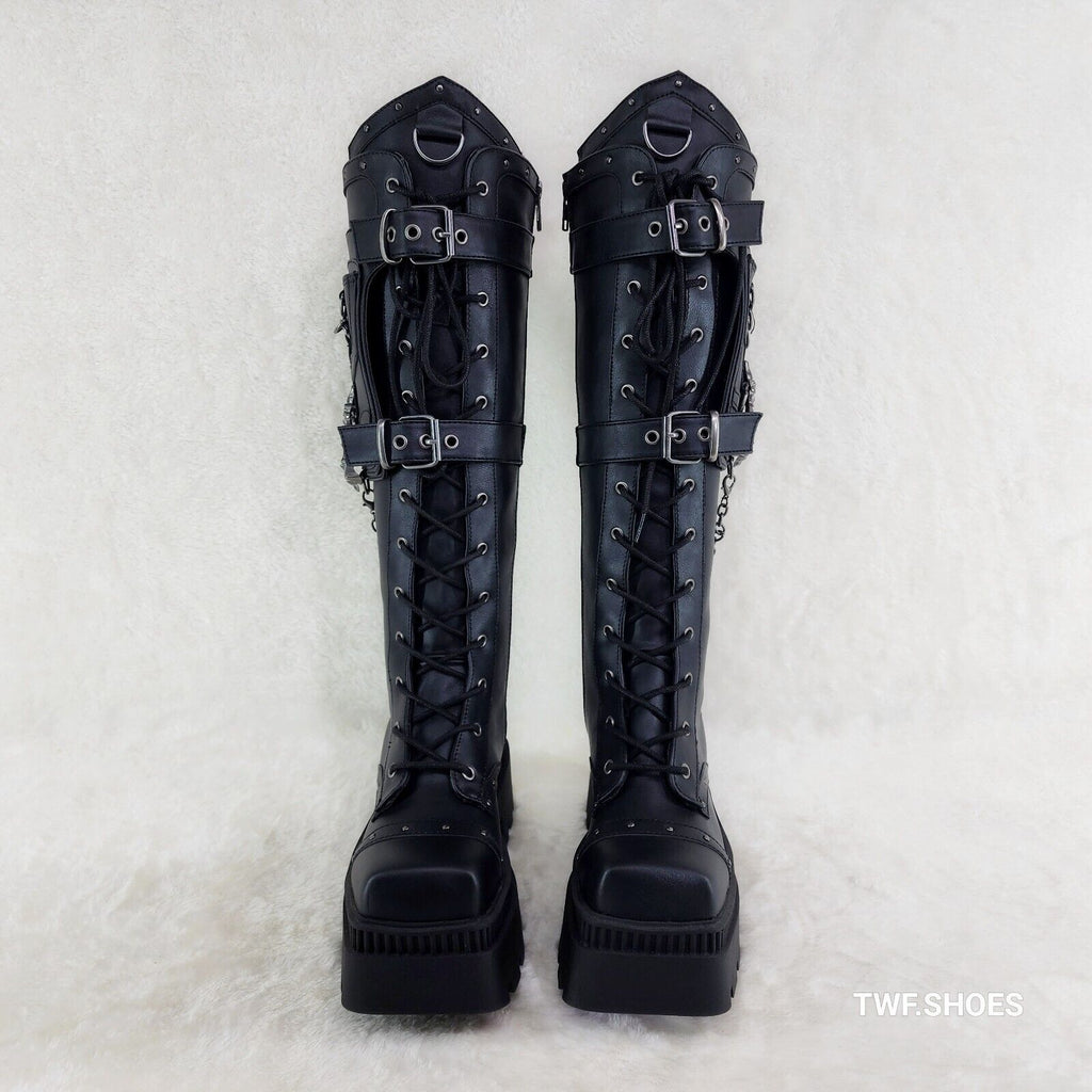 Wicked Wrath Square Toe Goth Lace Up Knee High Boots Skull Hand In House DEMONIA