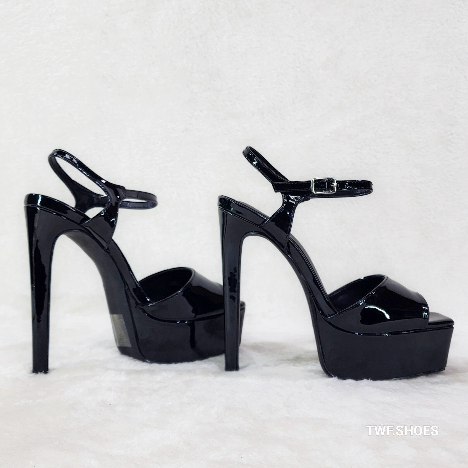 Gwen Glossy Black Patent Platform Open Toe 6" Stiletto High Heel Shoes
