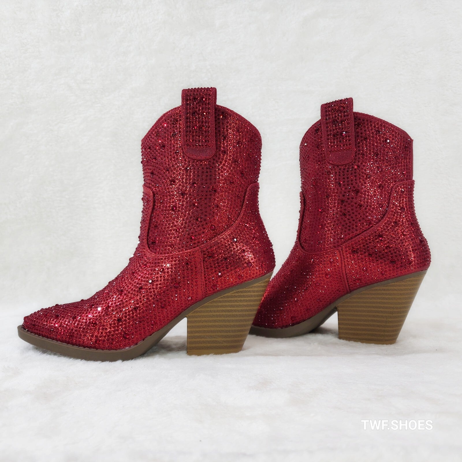 Dolly Red Rhinestone Glitter Disco Cowgirl Country Glam Western Ankle Boots