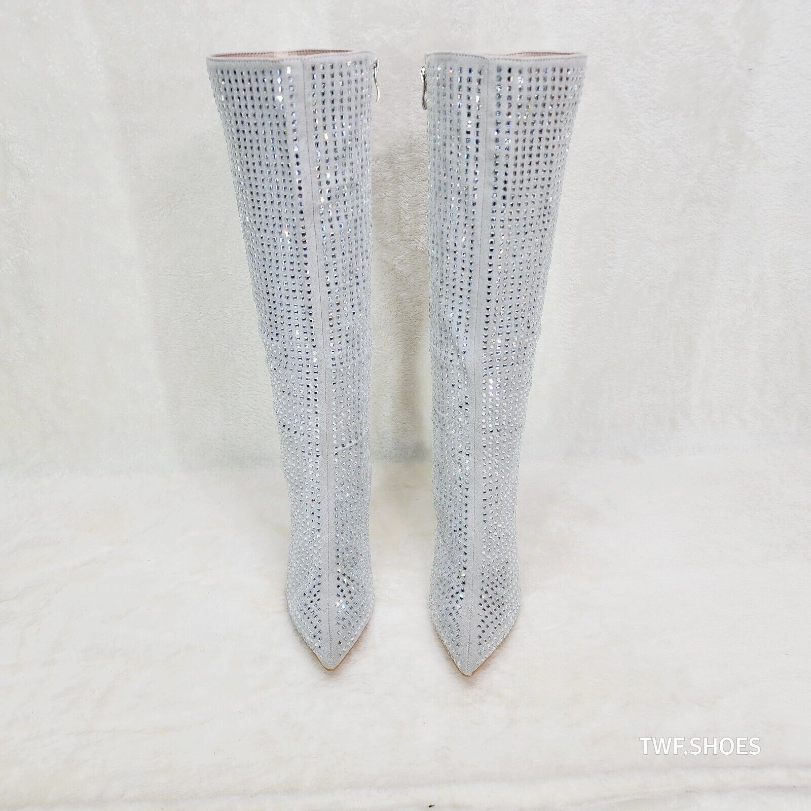 Glamour Shot Mirrored Rhinestone 4" Pyramid Heel Knee Boots Silver Gray - Totally Wicked Footwear