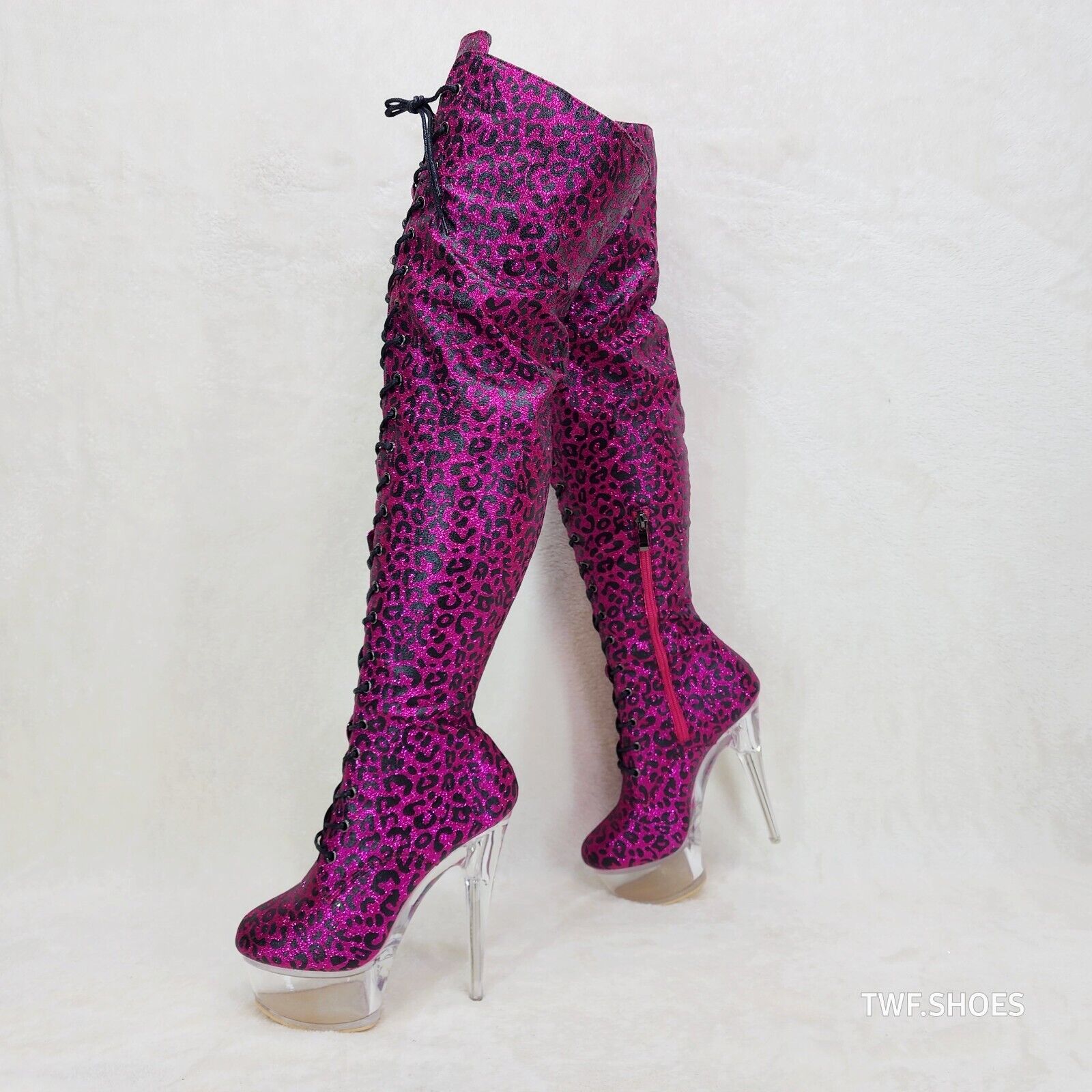 Bulls Hot Pink Leopard Glitter Over the Knee Clear Platform High Heel Thigh Boot - Totally Wicked Footwear