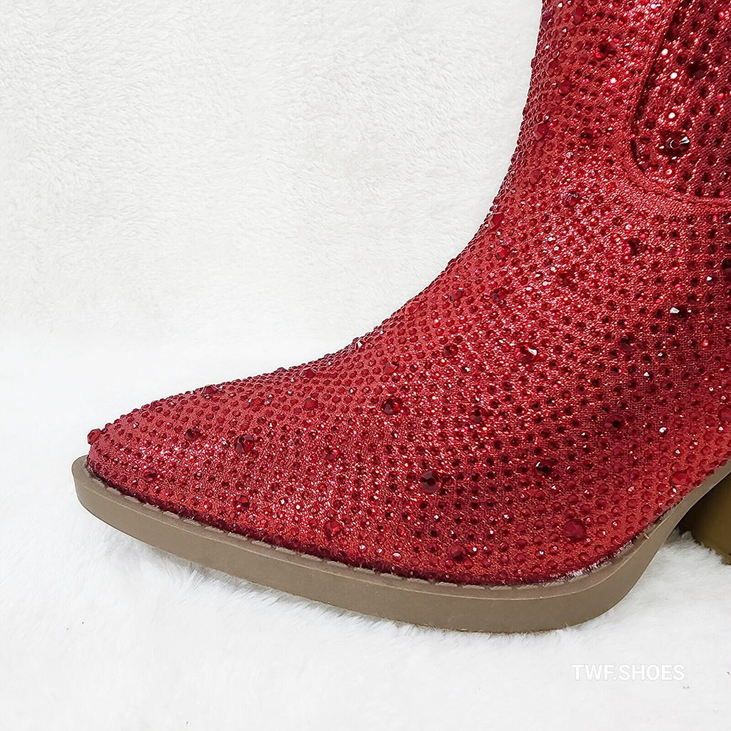 Dolly Red Rhinestone Glitter Disco Cowgirl Country Glam Western Ankle Boots - Totally Wicked Footwear