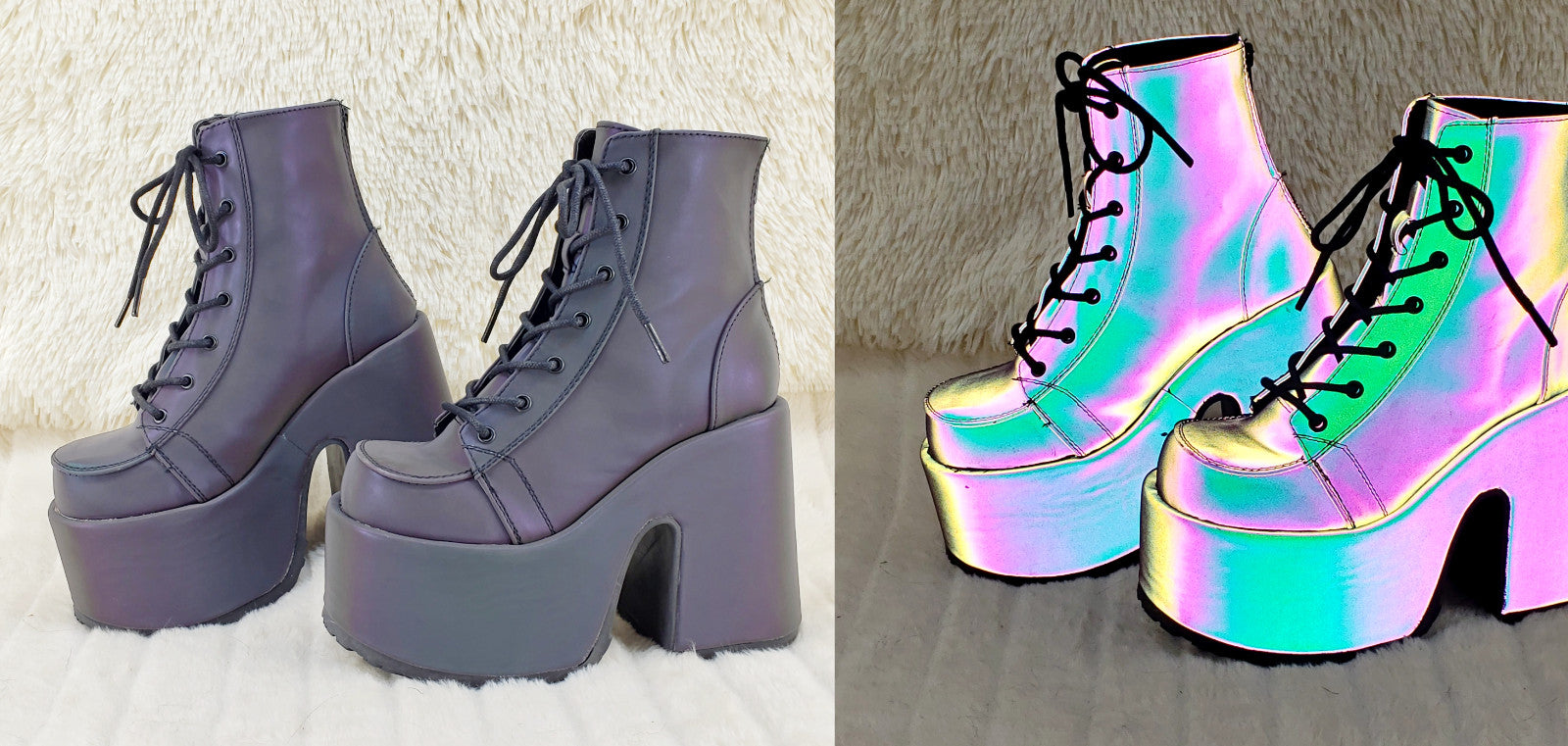 DEMONIA Camel 203 Purple Green Reflective Platform Goth Punk Ankle Boots NY