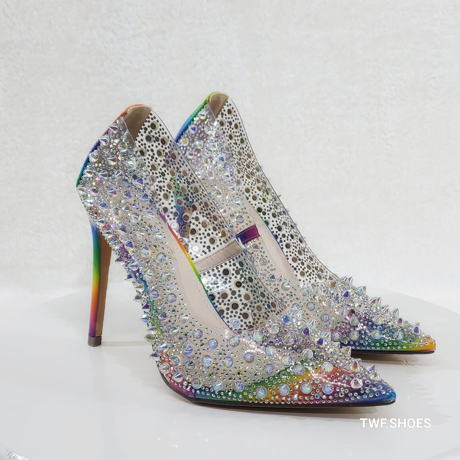 Spicy Stiletto PVC Clear Pumps Rainbow Studs & Rhinestone Pumps Stiletto Heels - Totally Wicked Footwear