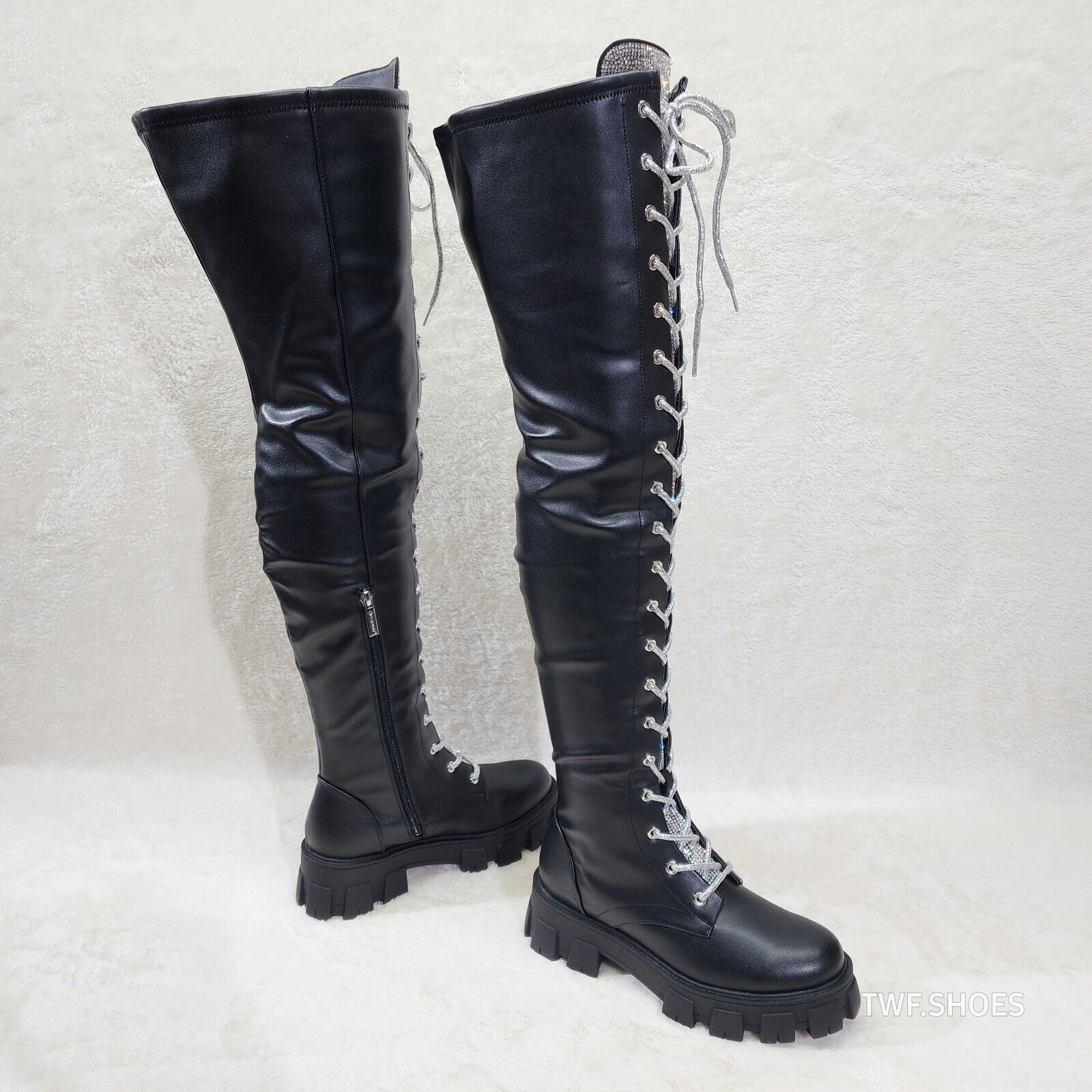 Roscoe Black Combat Thigh High Boots Iridescent Rhinestone Tongue Metallic Laces - Totally Wicked Footwear