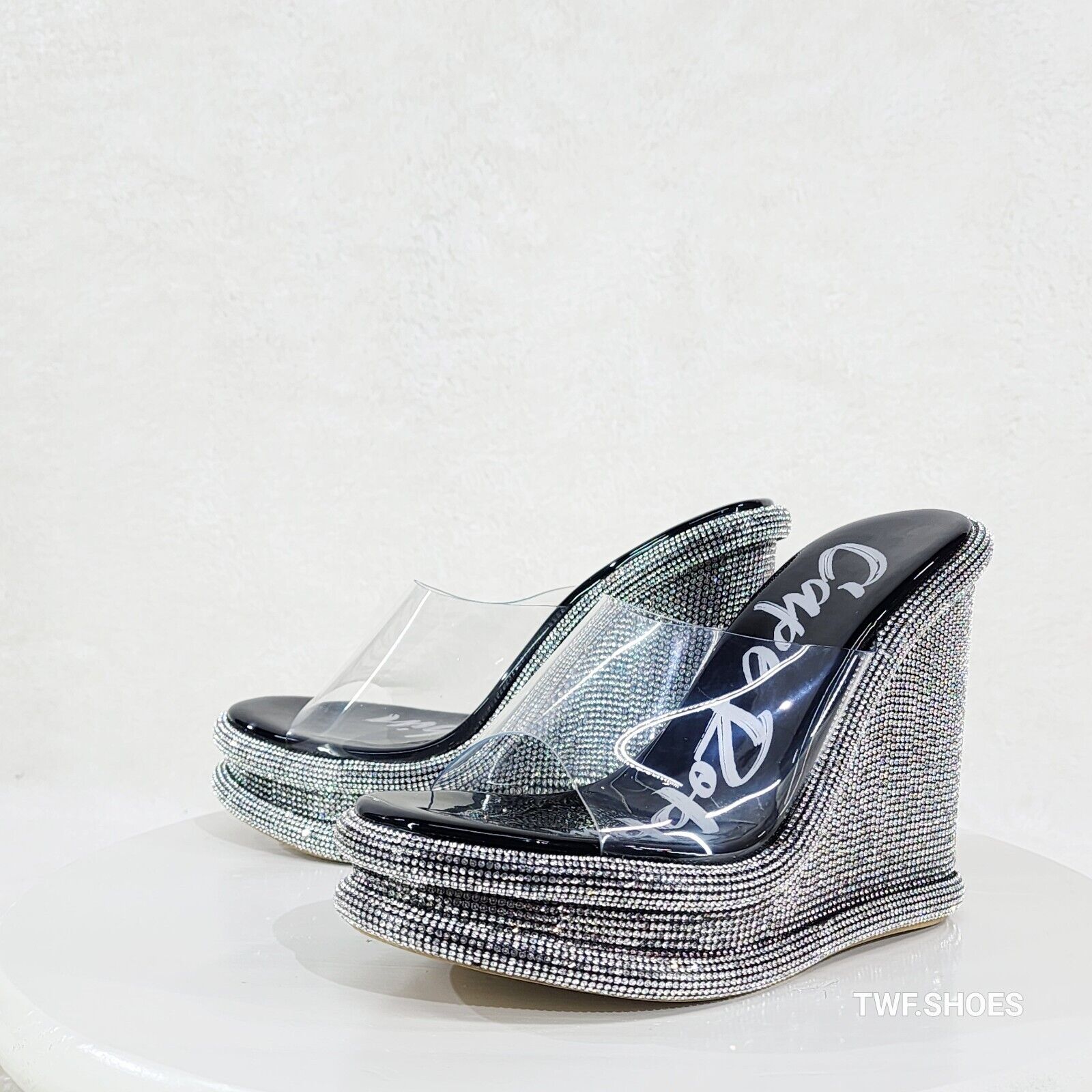 Zesty Black Silver Rhinestone Platform Wedge Heel Slip On Sandals - Totally Wicked Footwear