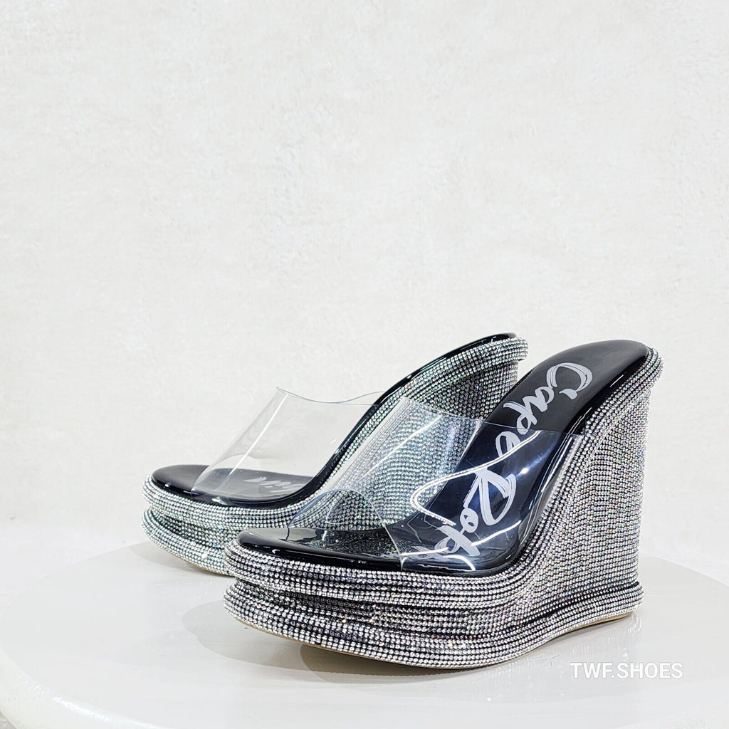 Zesty Black Silver Rhinestone Platform Wedge Heel Slip On Sandals