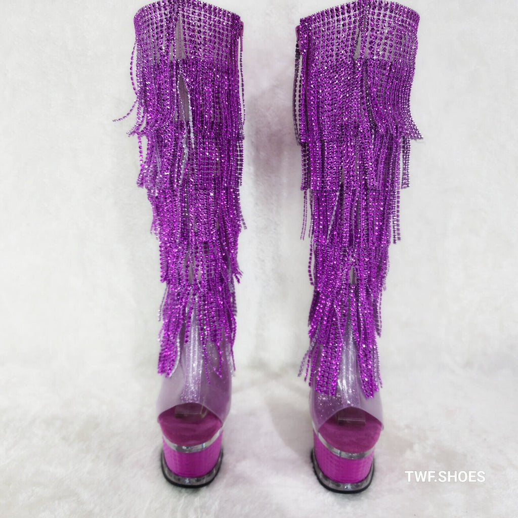 Illusion Fuchsia Pink Textured Platform Fringe High Heel Open Toe Knee Boots