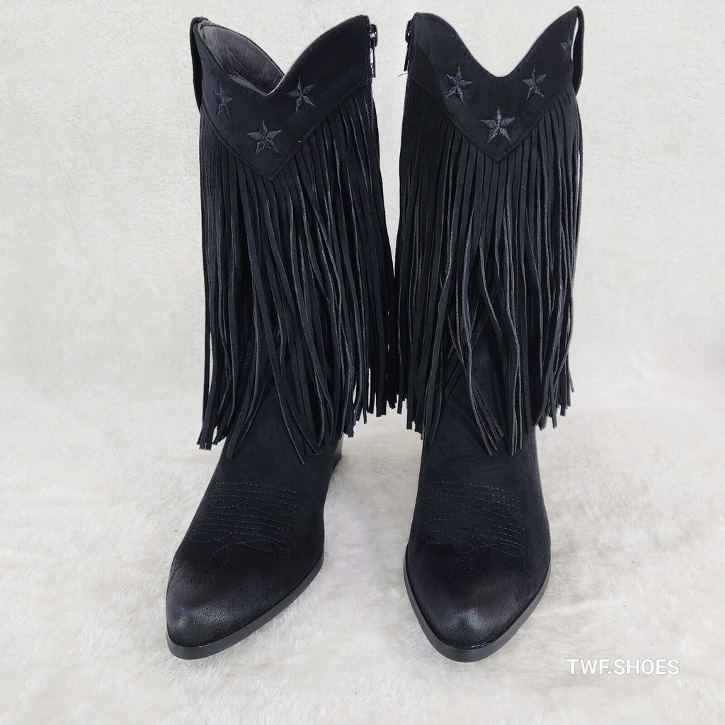 Dusty Trails Mid Calf Jet Black Fringe Country Western Cowgirl Boots