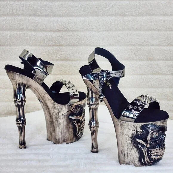 Rapture Silver Pewter Spike Skull & Bones LED 8" High Heel Platform Shoes NY - Totally Wicked Footwear
