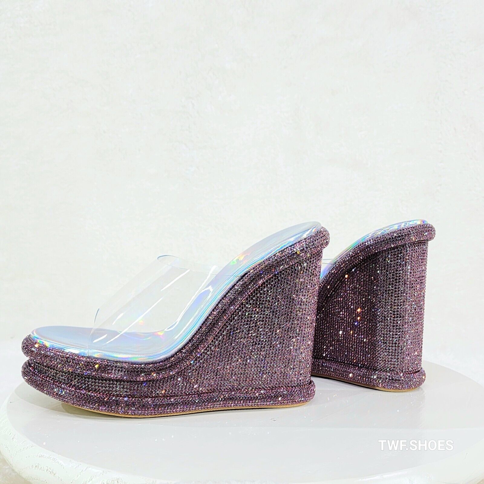 Zesty Purple Hologram Rhinestone Platform Wedge Heel Slip On Sandals - Totally Wicked Footwear