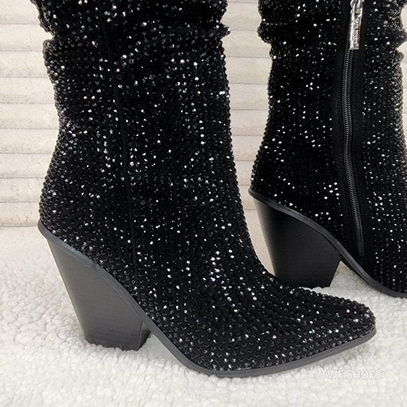 Cape Robbin Diamond Rider Black Rhinestone  Western Slouch Draped Knee Boots