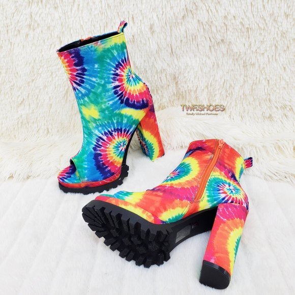 Trippin Colorful Tie Dye Open Toe Chunky Platform Heel Ankle Boots
