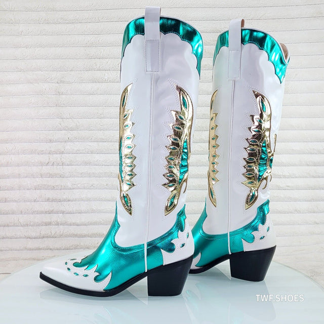 Phoenix Green Metallic White Western Cowgirl Boots Azalea Wang Collection - Totally Wicked Footwear