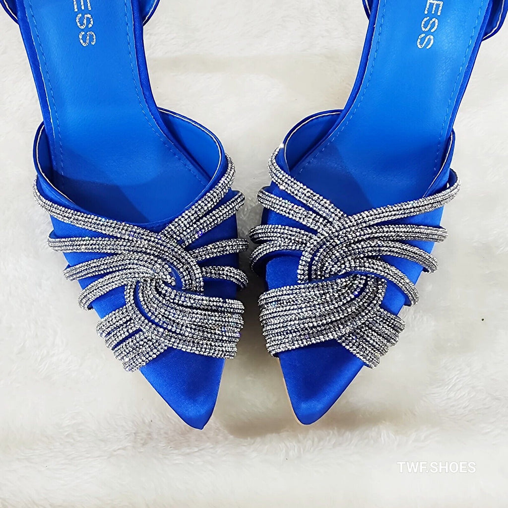 Elegance Slip on Slingback Blue Satin Rhinestone Pointy Toe High Heels Shoes