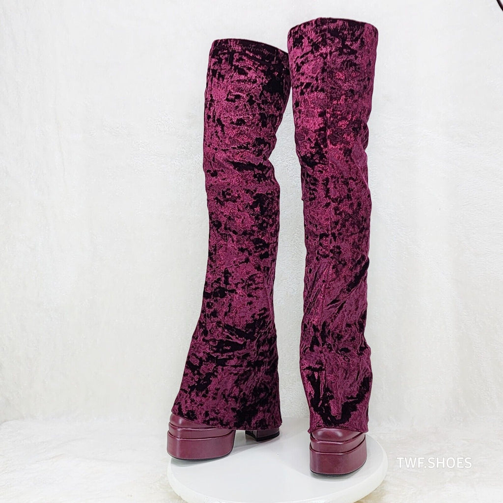 Unique Thigh High Wine Red Velvet Fold over Skirted Chunky Heel Platform Boots - Totally Wicked Footwear
