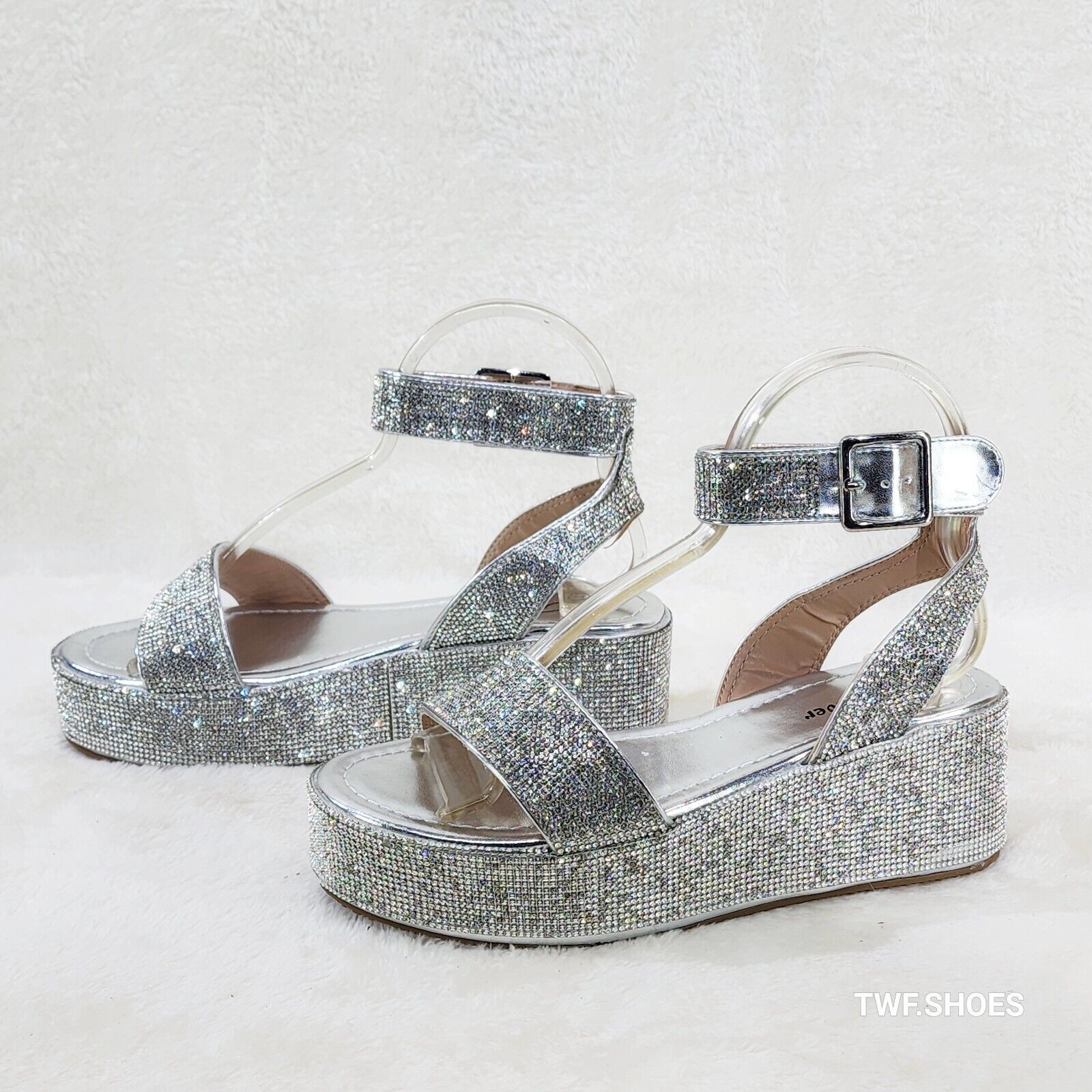Flashy Silver Ankle Strap Sparkling Rhinestone Wedge 2" Platform Sandals - Totally Wicked Footwear