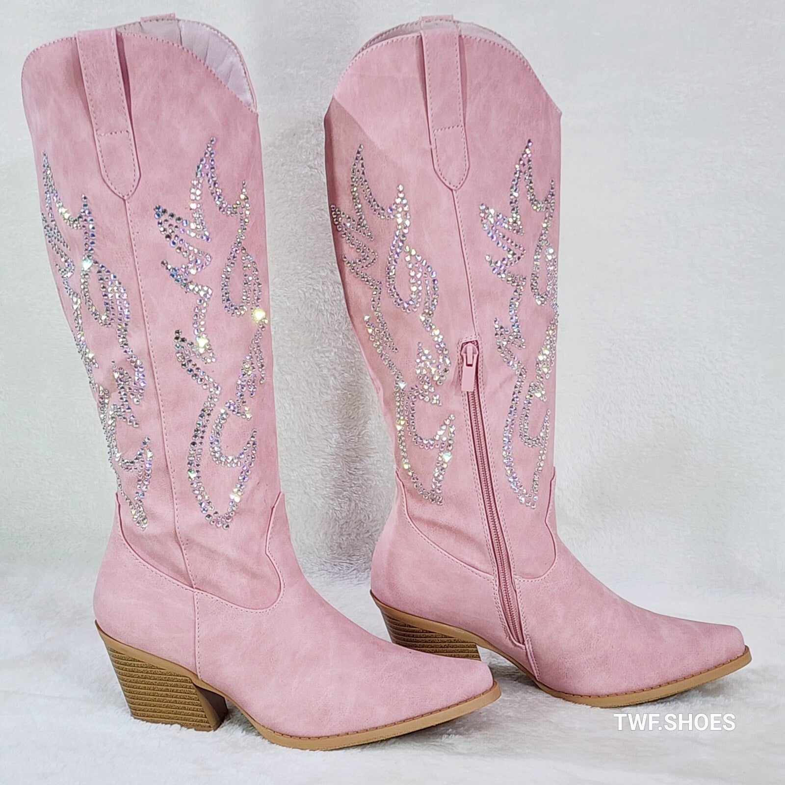 Ann Pink Leatherette With Rhinestones Country Glam Western Cowgirl Knee Boots