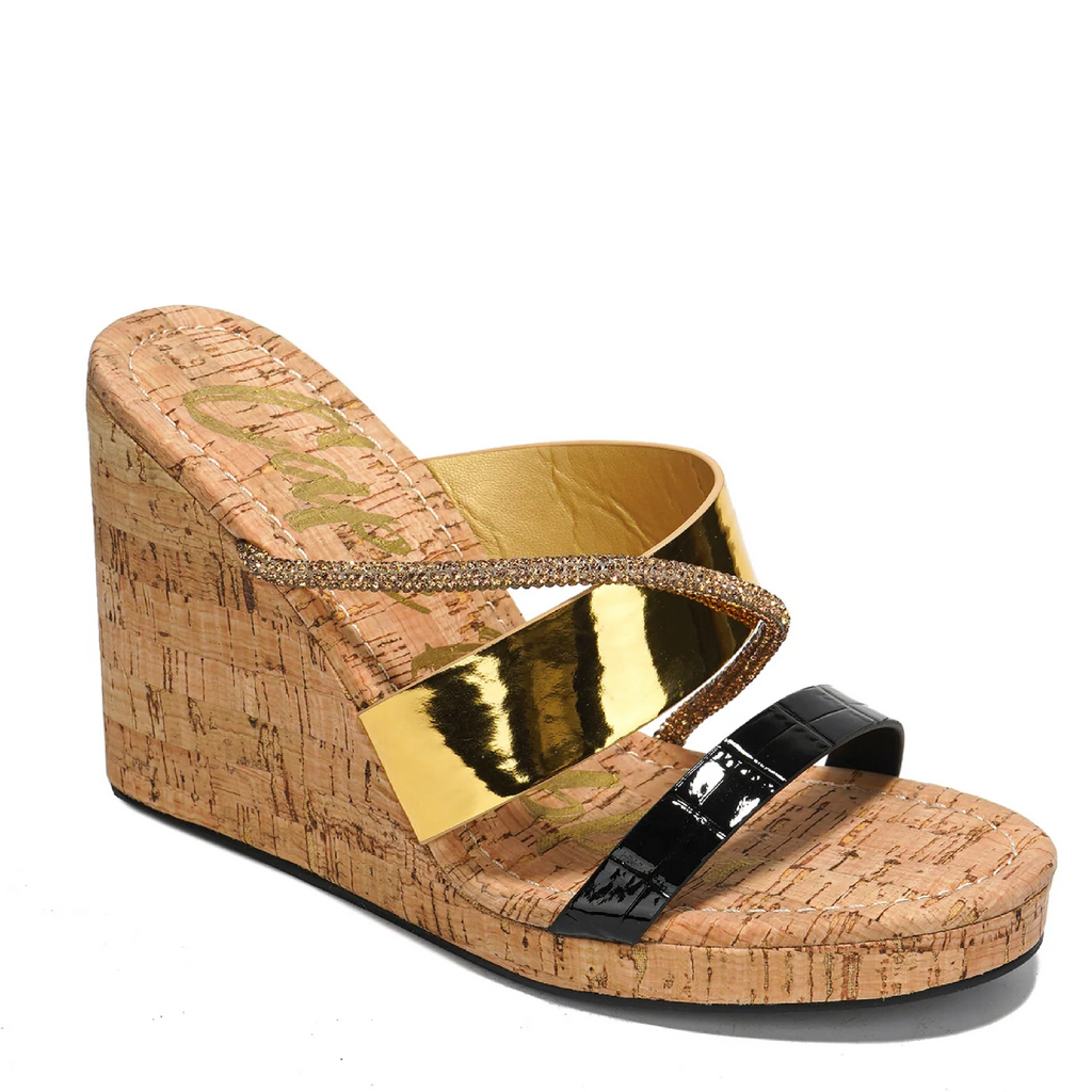 Xando Slip On Cork Wedge Slides Multi Size Triple Straps Gold Rhinestones - Totally Wicked Footwear