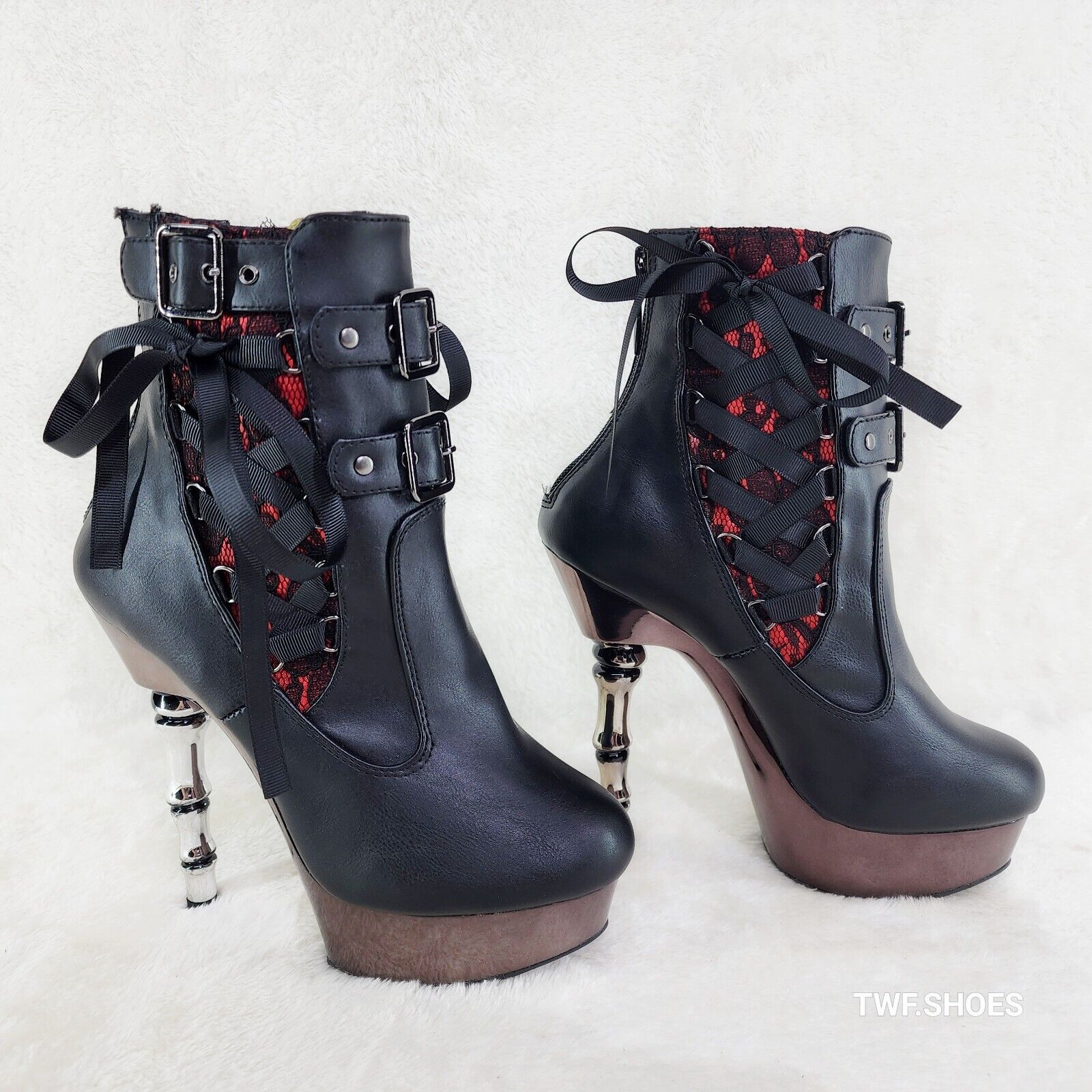 Muerto 1033 Red Lace Panel Finger Bone High Heel Platform Ankle Boots In House - Totally Wicked Footwear
