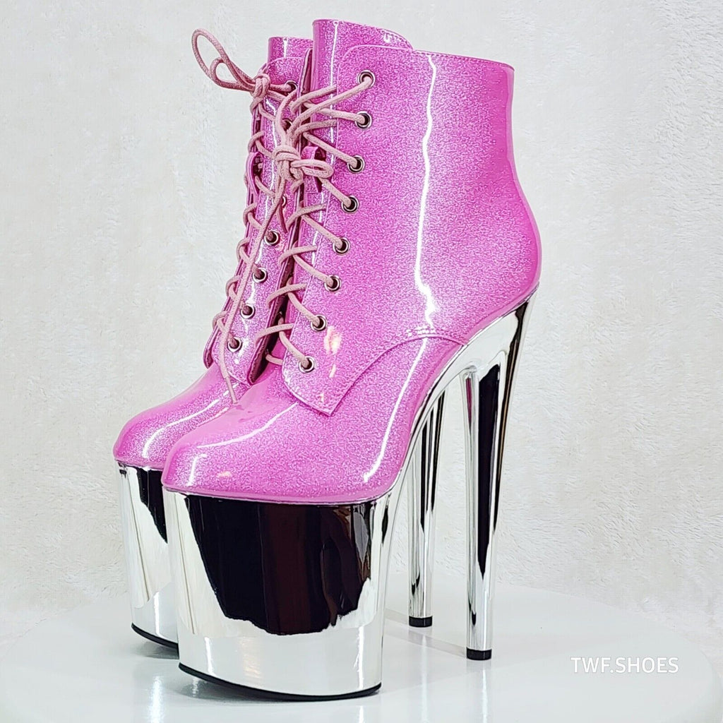 Bulls Pink Glitter Patent Chrome Platform High Heel Ankle Boots - Totally Wicked Footwear