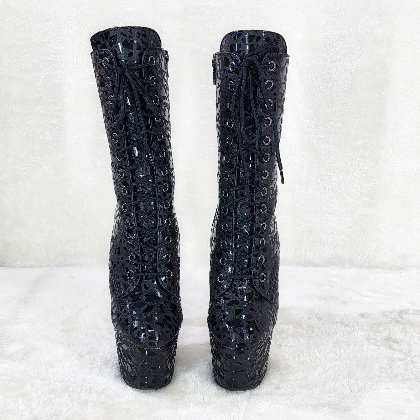 Adore 1040 Black Leopard Hologram 7" High Heel Platform Mid Calf Ankle Boots