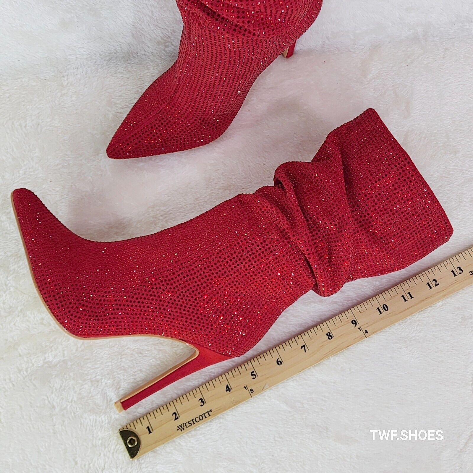 Resolve Sparkling Red Rhinestone High Heel Slouch Calf Boots New Years Bling - Totally Wicked Footwear