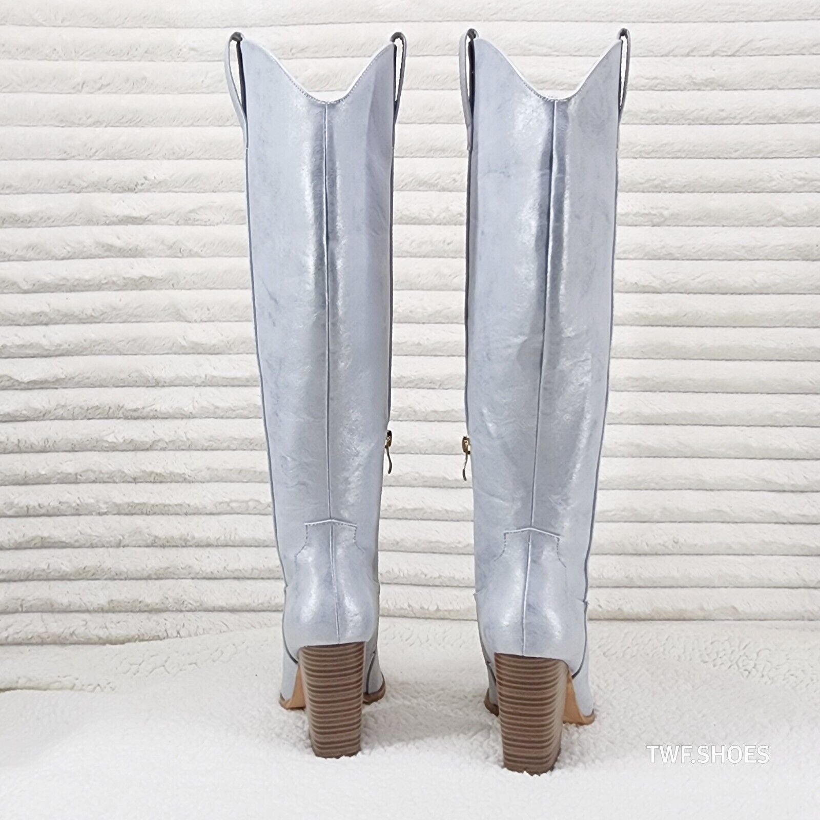 So Me Cruising Brushed Metallic Western Cowgirl Knee Boots Silver - Totally Wicked Footwear