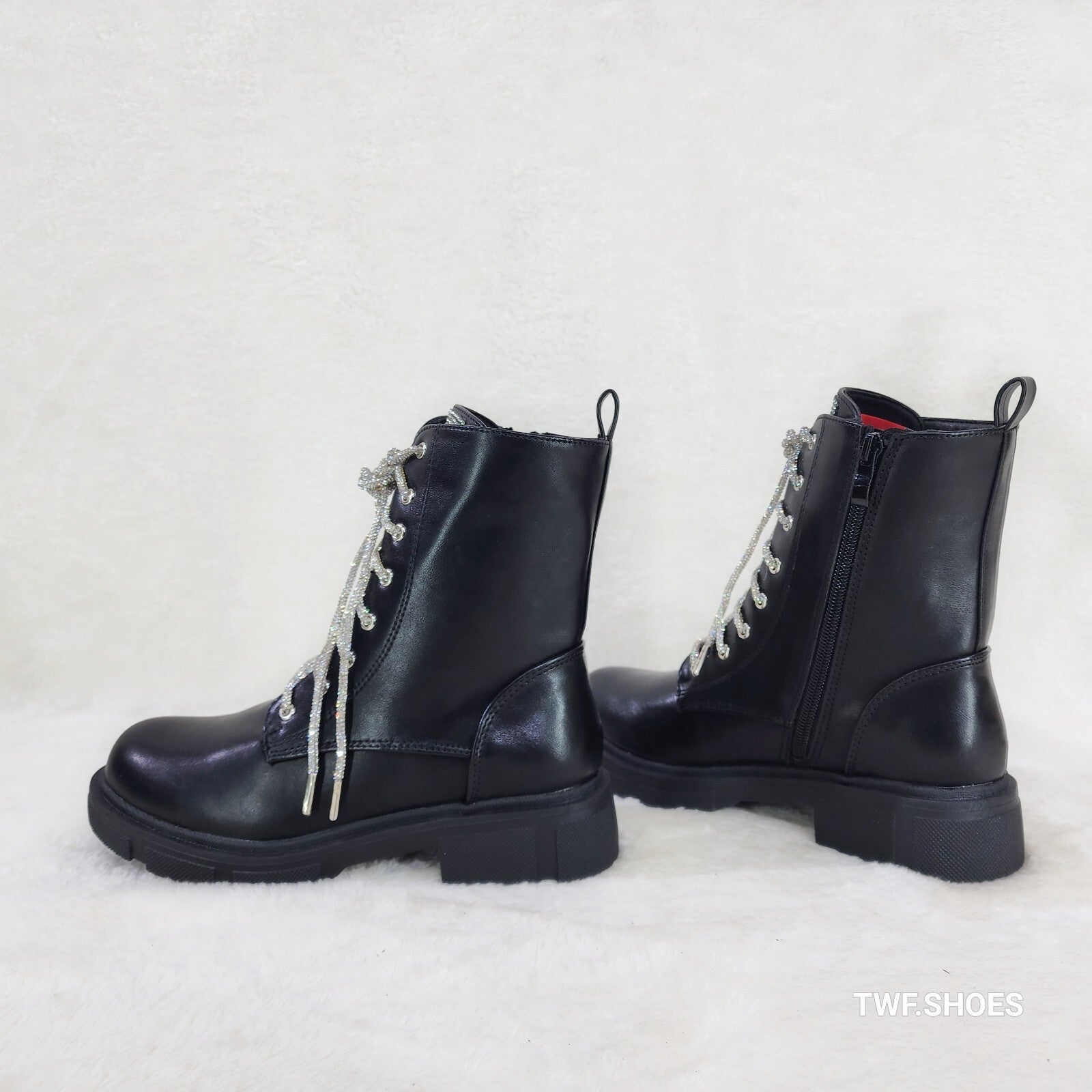 Rylee Black Combat Ankle Boots Iridescent Rhinestone Tongue & Rope Laces