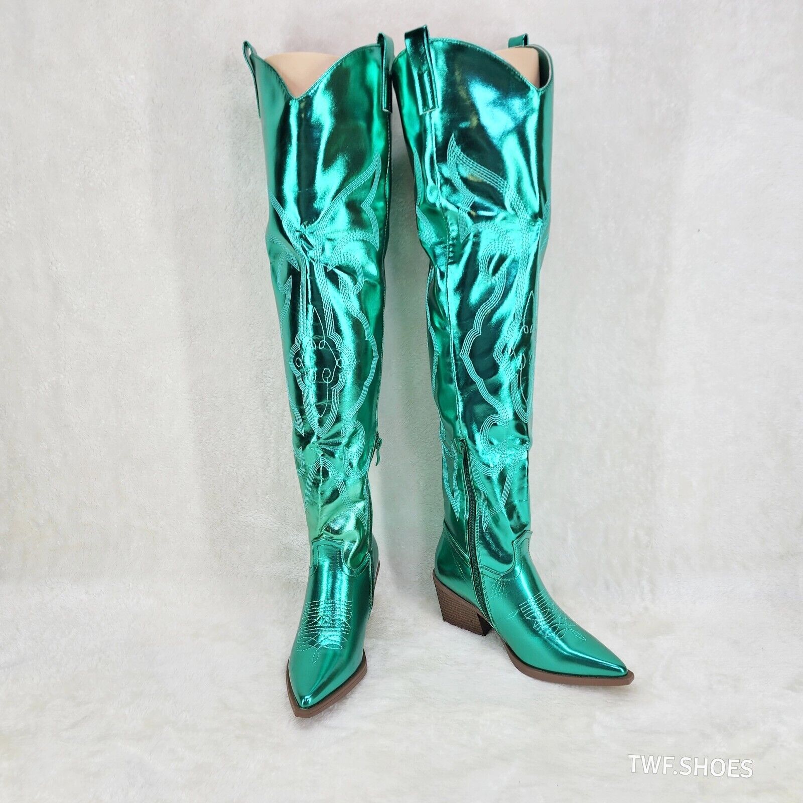Country Disco Cowboy Metallic Green Western Cowgirl OTK Thigh Boots - Totally Wicked Footwear
