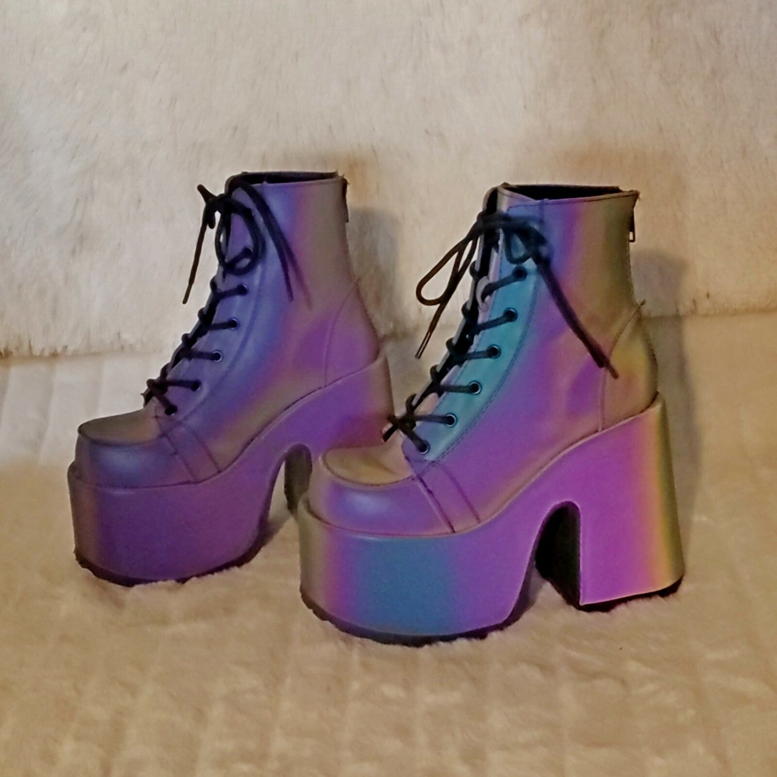 DEMONIA Camel 203 Purple Green Reflective Platform Goth Punk Ankle Boots NY