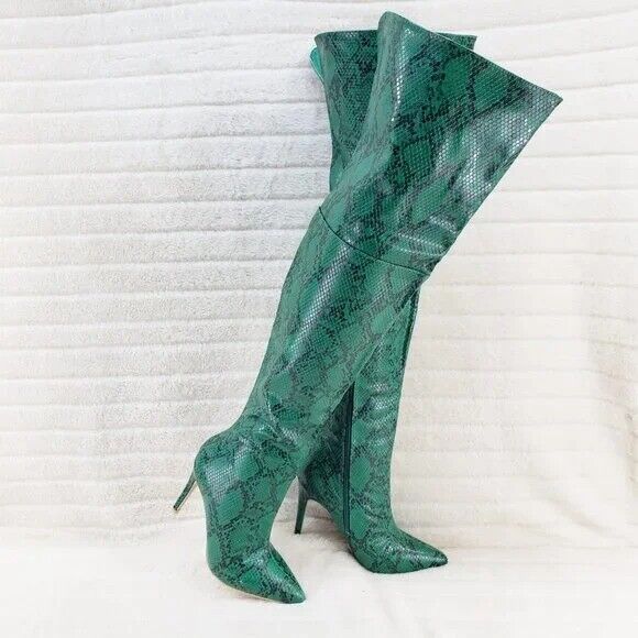 Brand New Bad Girlz Green Snake Wide Top Thigh High Heel Boots