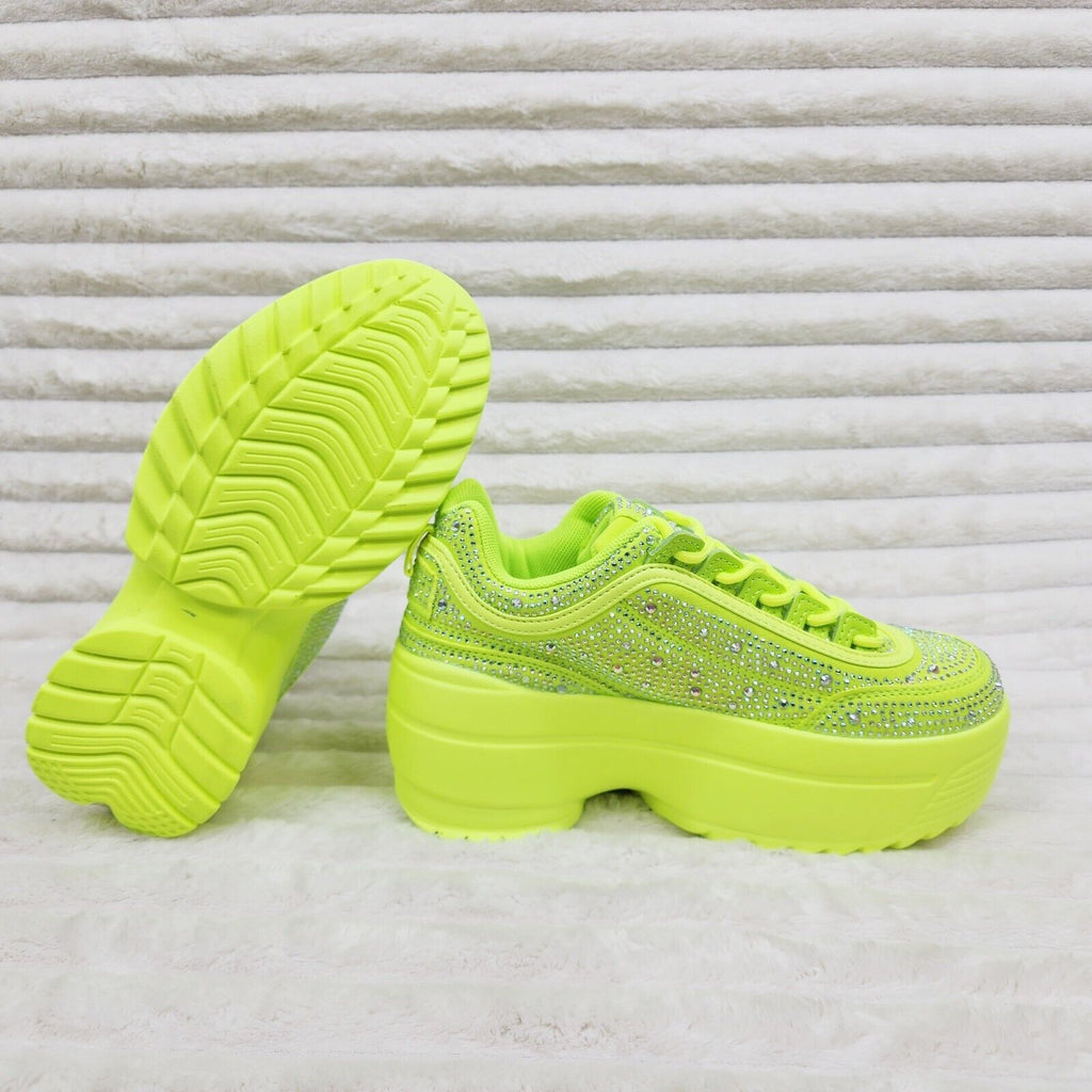 Cush Baby 2 Neon Yellow Rhinestone Platform Sneakers - Tennis shoes - Totally Wicked Footwear