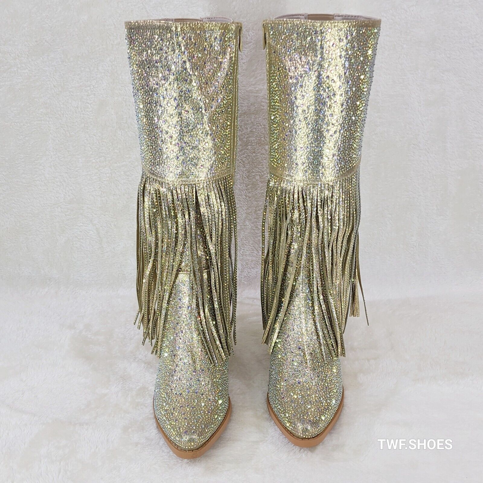 Western Diva Gold Asymmetrical Fringe Rhinestone Glam Cowgirl Boots - Totally Wicked Footwear